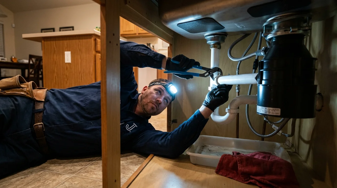 P-trap and supply line connections under a kitchen sink showing a common leak point in Union, KY